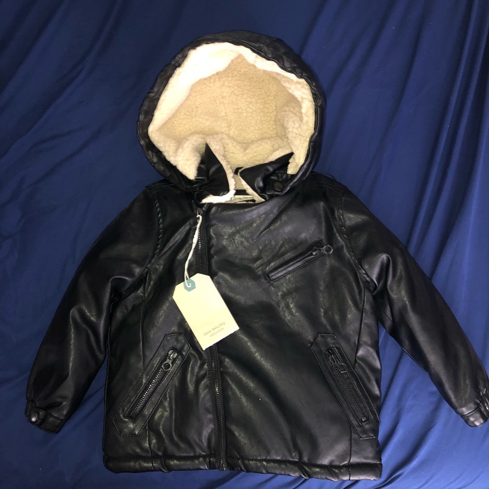 Zara baby boy black faux leather Sherpa jacket 2/3